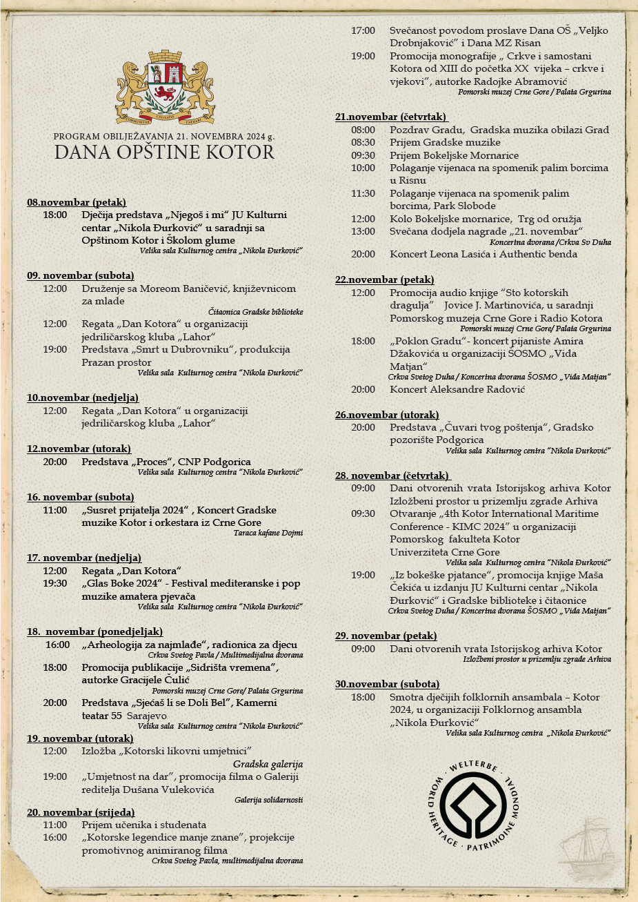 PROGRAM OBILJEŽAVANJA 21. NOVEMBRA 2024. DANA OPŠTINE KOTOR